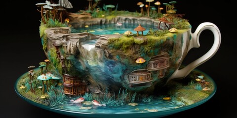 A whimsical, oversized teacup filled with a serene, miniature lake, inviting viewers to dive into the world of imagination, concept of Fanciful Escapism, created with Generative AI technology