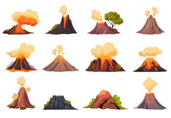 Volcano eruption fire mountain lava isolated on white background set. Vector graphic design element illustration - obrazy, fototapety, plakaty