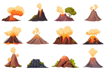 Fotobehang Volcano eruption fire mountain lava isolated on white background set. Vector graphic design element illustration © PrettyVectors