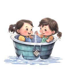 two toddler girls playing captain of the tub, - AI-generated