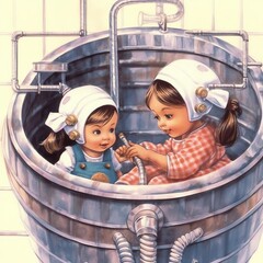 two toddler girls playing captain of the tub, - AI-generated