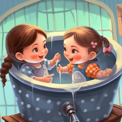 two toddler girls playing captain of the tub, - AI-generated