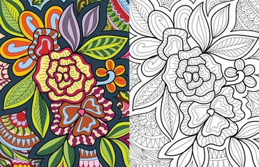 Decorative doodle hand drawn floral mehndi design style coloring book page illustration