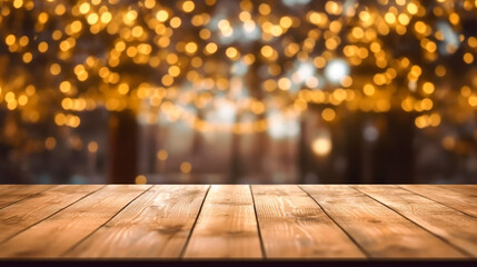 Ethereal Atmosphere, Serene Allure of an Empty Wood Table Top with Blurry Lights, Generative AI