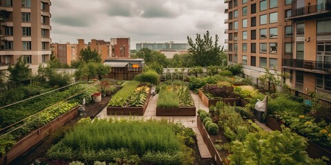 A rooftop urban garden filled with a variety of plants and herbs, illustrating the potential for green spaces in city environments, concept of Sustainability, created with Generative AI technology