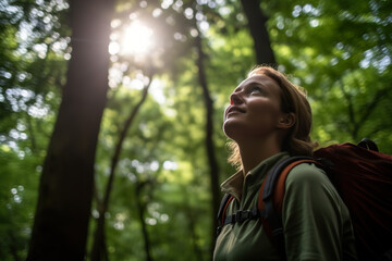 A woman with a backpack looking up into the sky. Generative AI.