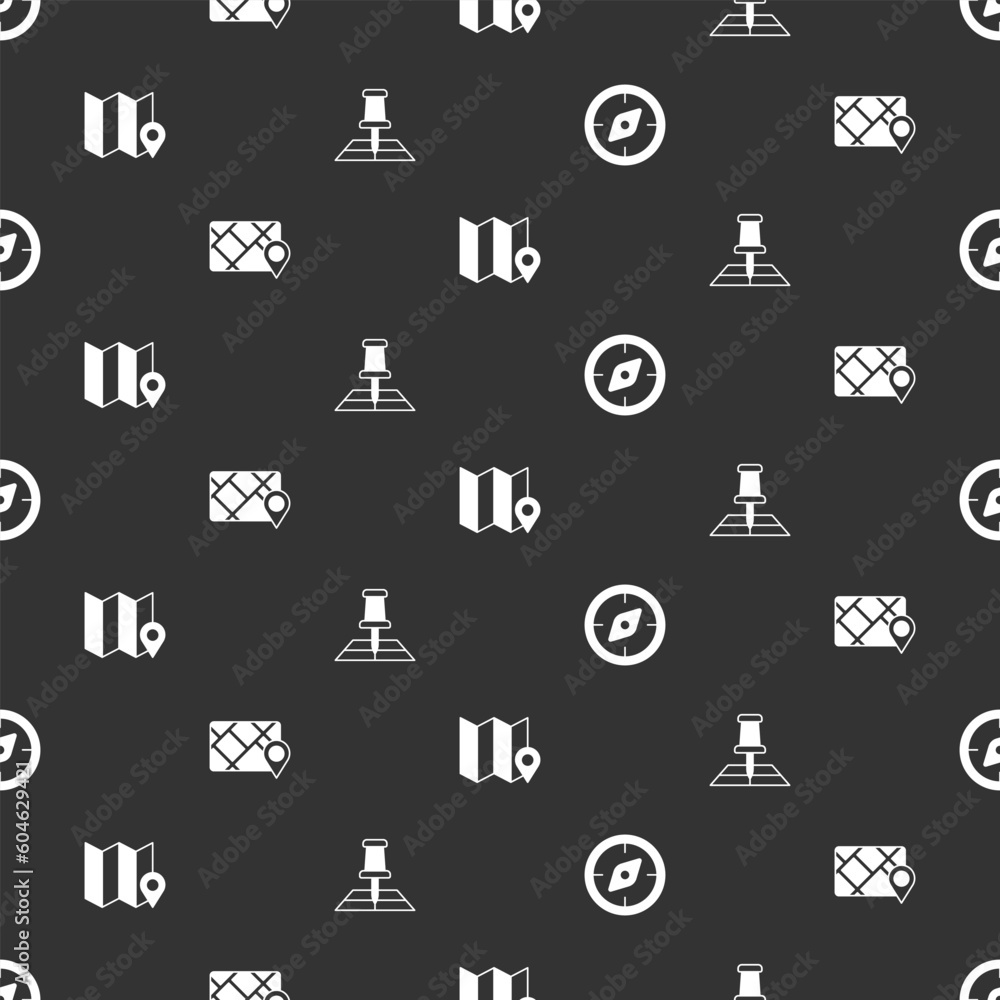 Poster set compass, gps device with map, folded location marker and on seamless pattern. vector
