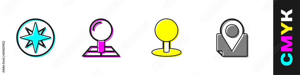 Poster set wind rose, folded map with location marker, push pin and icon. vector