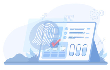 Concept of data protection and personal details. Use fingerprints to access accounts, develop, improve, manage sensitive data. Flat vector illustration with copy space.