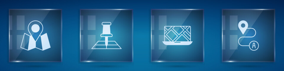 Set Folded map with location marker, City navigation and Route. Square glass panels. Vector