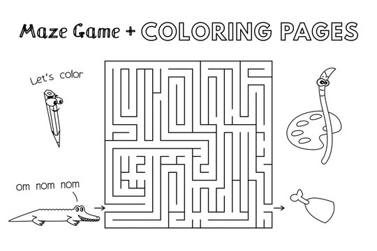 Cartoon alligator maze game. Vector coloring book pages for children