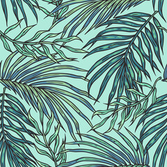 Tropical exotic green leaves or plant seamless pattern for summer background and beach wallpaper.