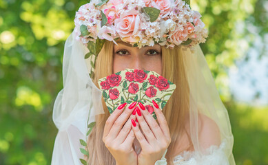  Slavic bride doing some magical rite, witch stuff. Wicca or Pagan rituals and esoteric concept