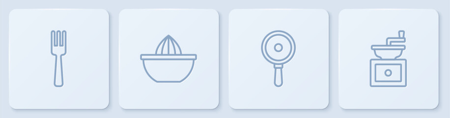 Set line Fork, Frying pan, Citrus fruit juicer and Manual coffee grinder. White square button. Vector