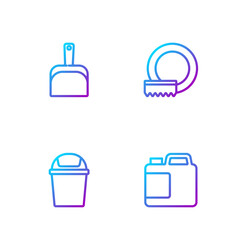 Set line Bottle for cleaning agent, Trash can, Dustpan and Washing dishes. Gradient color icons. Vector