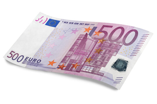 European Union's Euro cash banknote, with a face value of five hundred euro isolated on white. 500 euro