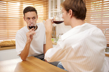 LGBT gay couple talking with boyfriend and drinking wine in dining room