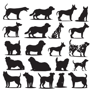 A collection of dogs with different breeds' silhouette vectors.