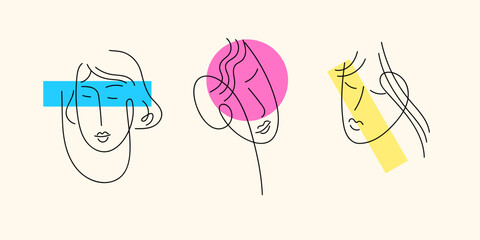 The faces of young women made by lines. Minimalistic drawing. Vector illustration.