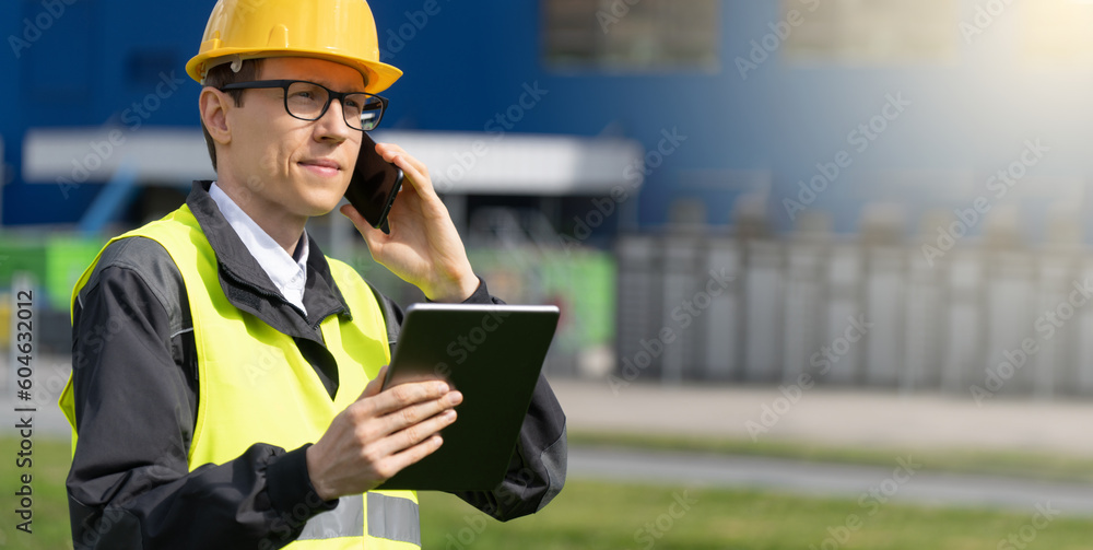 Aufkleber Logistician with phone and digital tablet on a background of logistic center