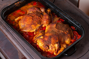 Roast chicken whole. Served with vegetables, festive table menu concept background