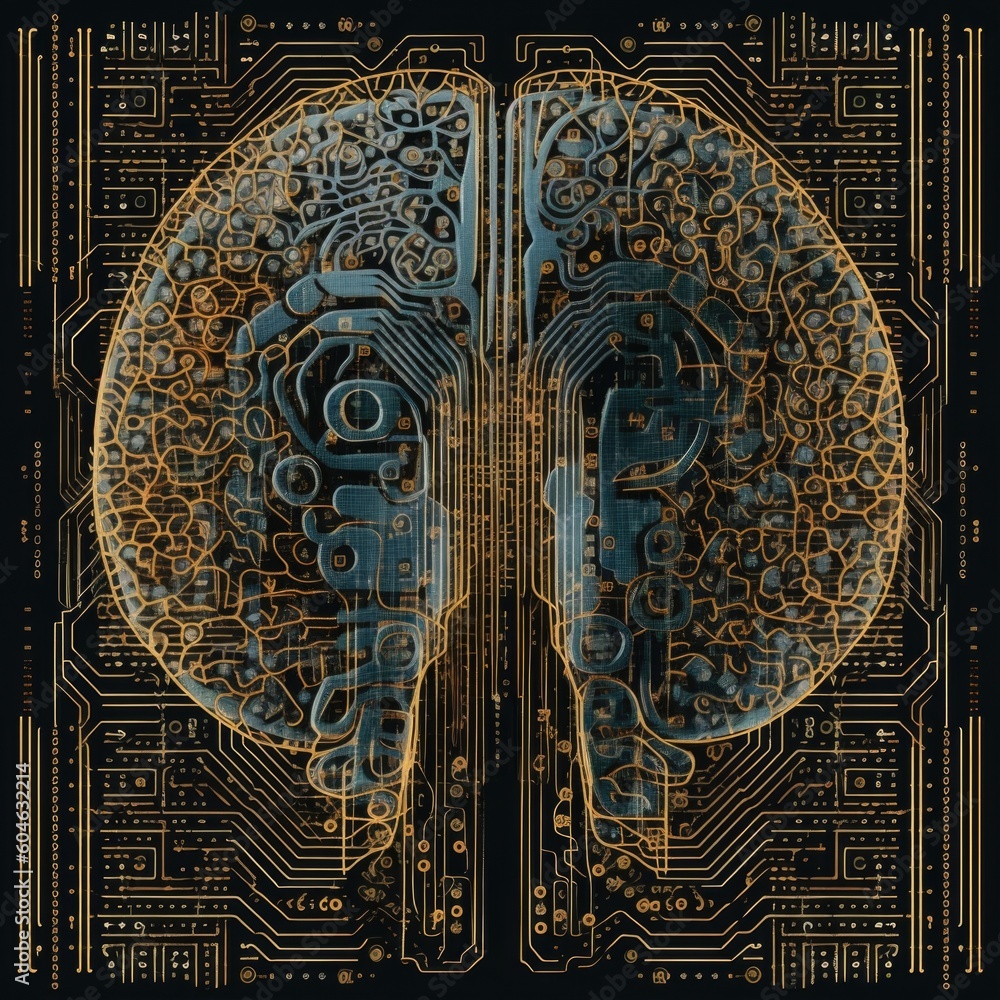 Poster human brain in the form of a microcircuit. technological mind. ai generative.