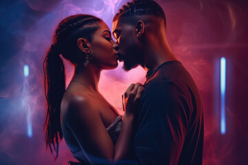 The power of a passionate kiss, sexy beautiful african woman kissing seductive man, erotic, glamour, sensual closeup couple kissAfrican love AI Generative