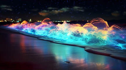An illustration of a multicoloured bioluminescent wave at the beach at night. A.I. generated.