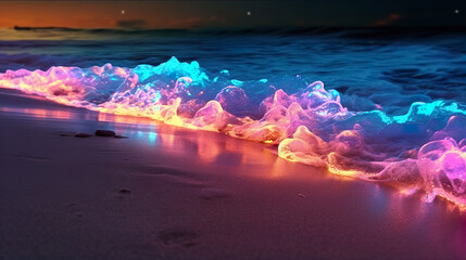 An illustration of a multicoloured bioluminescent wave at the beach at night. A.I. generated.