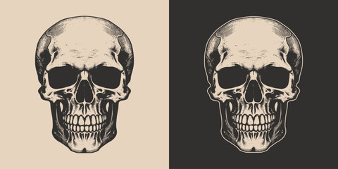 Set of vintage retro scary hipster skull. Can be used like emblem, logo, badge, label. mark, poster or print. Monochrome Graphic Art. Vector. Hand drawn element in engraving