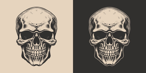 Set of vintage retro scary hipster skull. Can be used like emblem, logo, badge, label. mark, poster or print. Monochrome Graphic Art. Vector. Hand drawn element in engraving