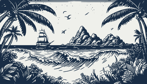 VIntage retro engraving style sea nautical marine navy vacation landscape. Adventure vacation cruise vibe. Background outdoor adventure vibe. Graphic Art Vector