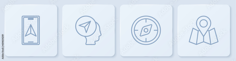 Poster set line city map navigation, compass, map marker with human and folded location. white square butto