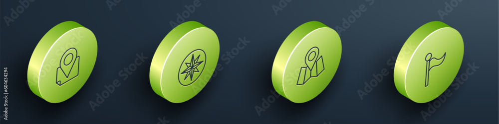 Poster set isometric line folded map with location marker, wind rose, and flag icon. vector