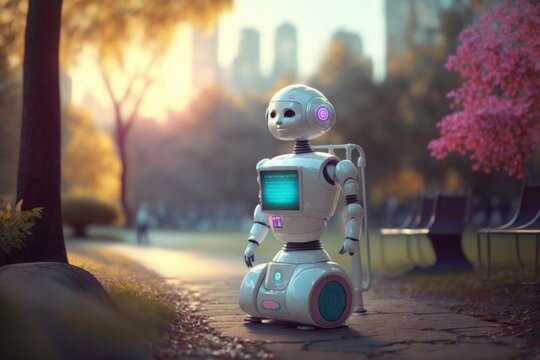 nurse assistant robot which simulates a future world where words coexist with robots In the background is a picture of people walking in a park with buildings and trees, technology and human