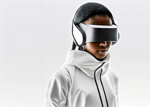 A portrait teenager played virtual reality games, wearing sleek headsets immersive bodysuits isolated on white background, gererative ai