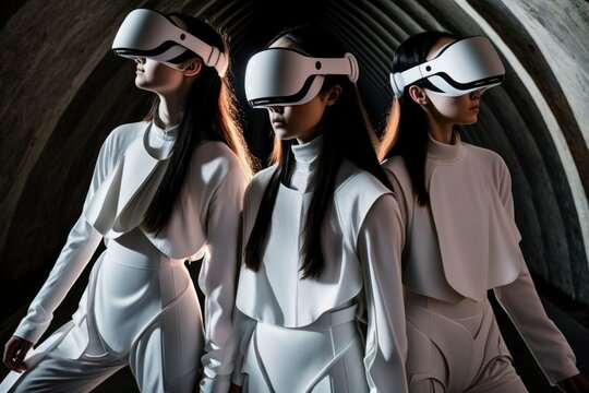 A group portrait teenagers played virtual reality games, wearing sleek headsets and immersive bodysuits in fashion style, generative ai