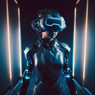 A portrait teenager played virtual reality games, wearing sleek headsets immersive bodysuits background, generative ai