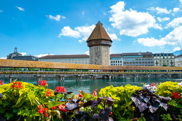 Lucerne, Switzerland - July 10, 2022: View of the Chapel Bridge in historic city of Lucerne, ...