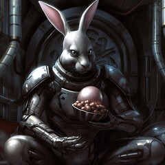 easter bunny eating chocolat eggs, dark, modern, futuristic, - AI-generated