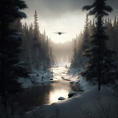 Schneelandschaft am Morgen, KI generiertes Bild