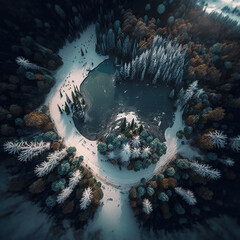 Luftaufnahme einer Schneelandschaft, KI generiertes Bild