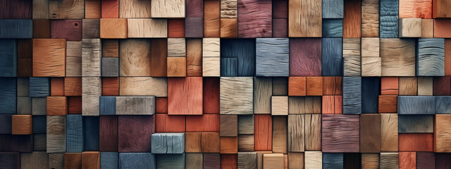 Abstract block stack wooden 3d cubes on the wall for background banner panorama - Colorful wood texture for backdrop or wallpaper (Generative Ai)
