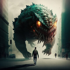 Riesiges Monster verfolgt Mensch, KI generiertes Bild