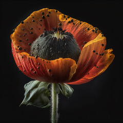 Verwelkte Blume auf schwarzem Hintergrund, KI generiertes Bild