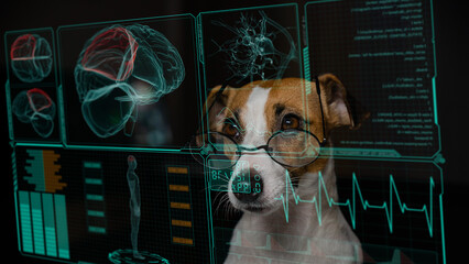 Jack Russell Terrier dog looks at the virtual menu medical screen. human brain research. 