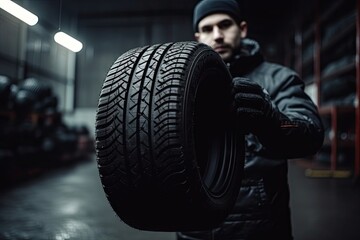 Obraz na płótnie Canvas Expert Mechanic Holding New Tire in Car Service Garage. Generative AI