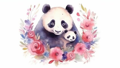 An AI generated watercolor illustration of a cute panda family. (Generative AI)