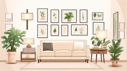 A modern living room with plants, pictures, and white walls. (Generative AI)