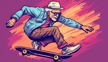 Fototapeta na wymiar The old man skateboards quickly. (Generative AI)